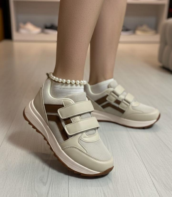 Krem Kahve C?rtl? Kad?n Sneaker – Günlük Tarz